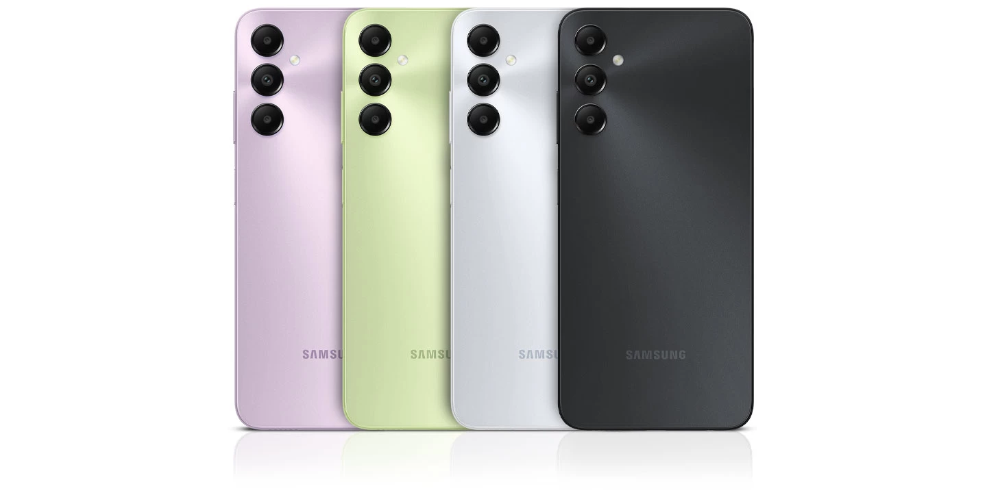 Aparecem vários dispositivos Galaxy A05 alinhados para mostrar suas opções de cores.