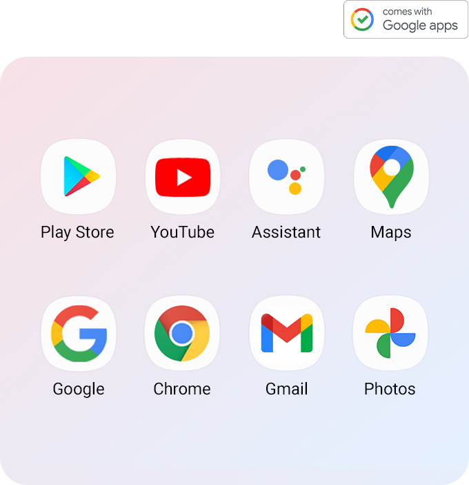 Os aplicativos do Google instalados no Galaxy M52 5G são exibidos (Play Store, YouTube, Assistente, Mapas, Google, Chrome, Gmail, Fotos).