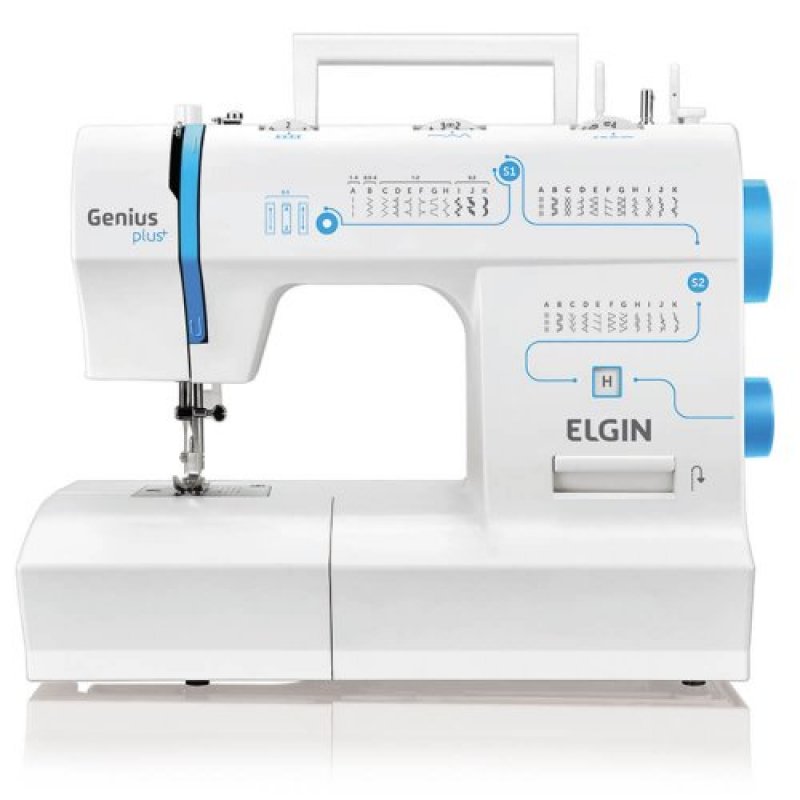Máquina de Costura Portátil Elgin Genius Plus JX-4035 220V Branca e Azul para Uso Doméstico