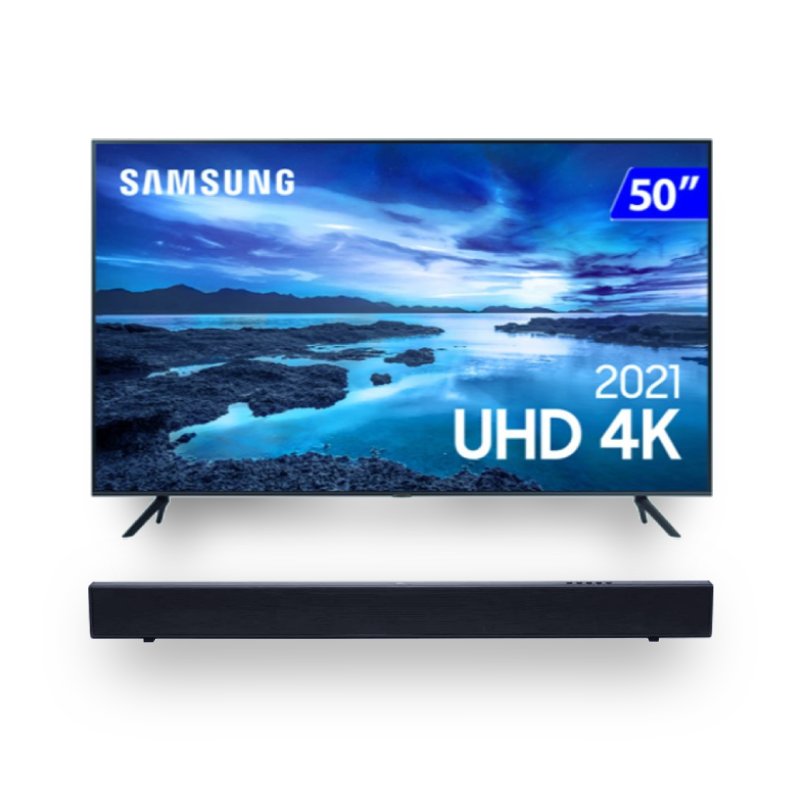 Combo Samsung Smart TV 50 UHD 4K 50AU7700 e Soundbar JBL cinema SB110 2.0 Canais