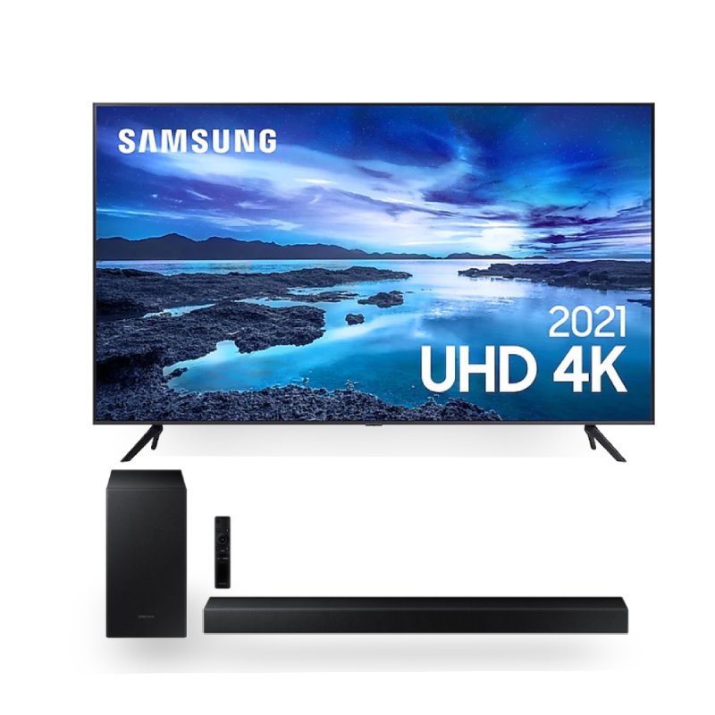 Combo Samsung Smart TV 50 UHD 4K 50AU7700, Processador Crystal 4K e Soundbar Samsung HW-T450