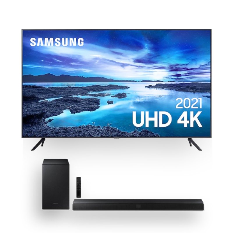 Combo Samsung Smart TV 75 UHD 4K 75AU7700 e Soundbar Samsung Bluetooth