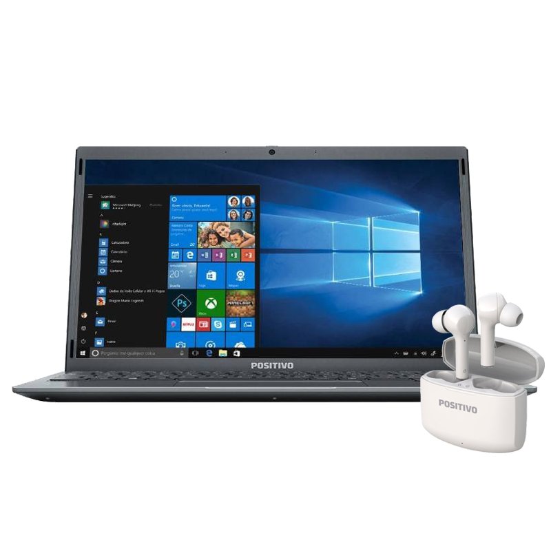 Combo Notebook Positivo Motion Q Q4128C Intel Atom 128GB 14.1 e Fone de Ouvido Bluetooth T01 TWS
